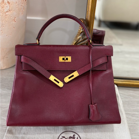 Hermes Handbags - Authentic HERMES KELLY 32 Burgundy Leather courchevel Rouge Ash